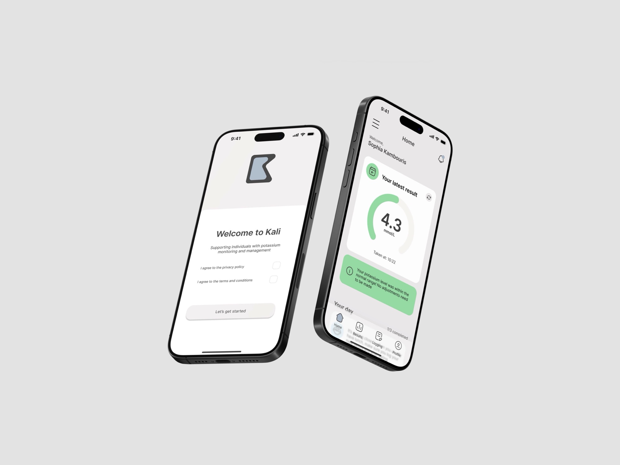 Two phones showing the Kali app welcome screen and the home screen with the latest result.
