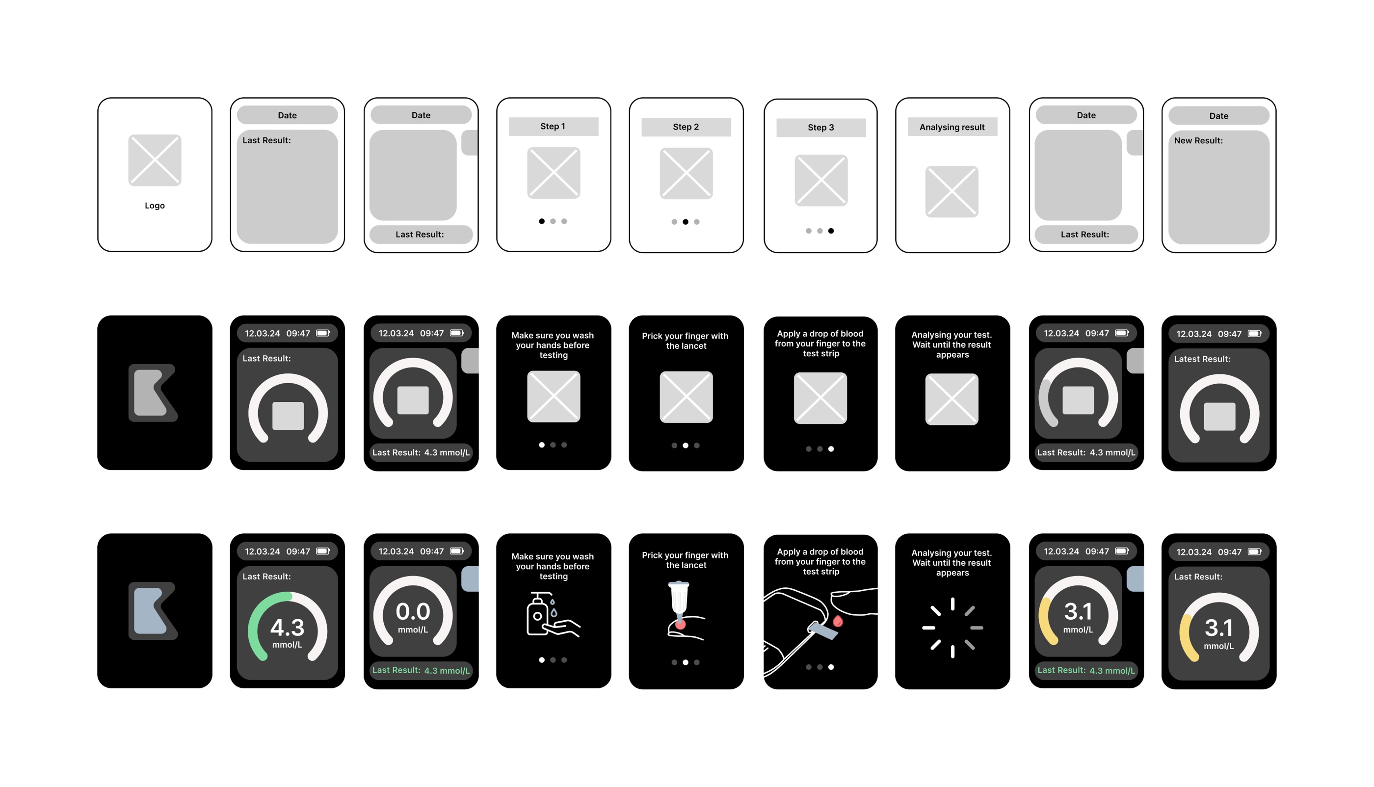 The device interface developed from low-fidelity sketches to mid-fidelity wireframes to high-fidelity screens.