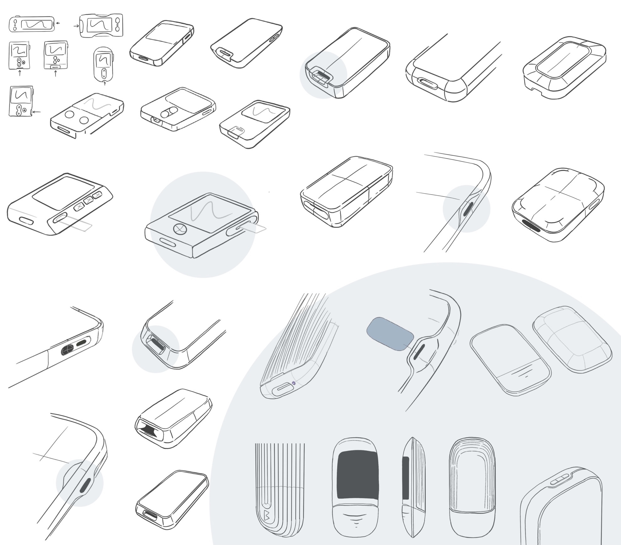 Line sketches exploring rounded handheld device forms, strip slots and screen positions.