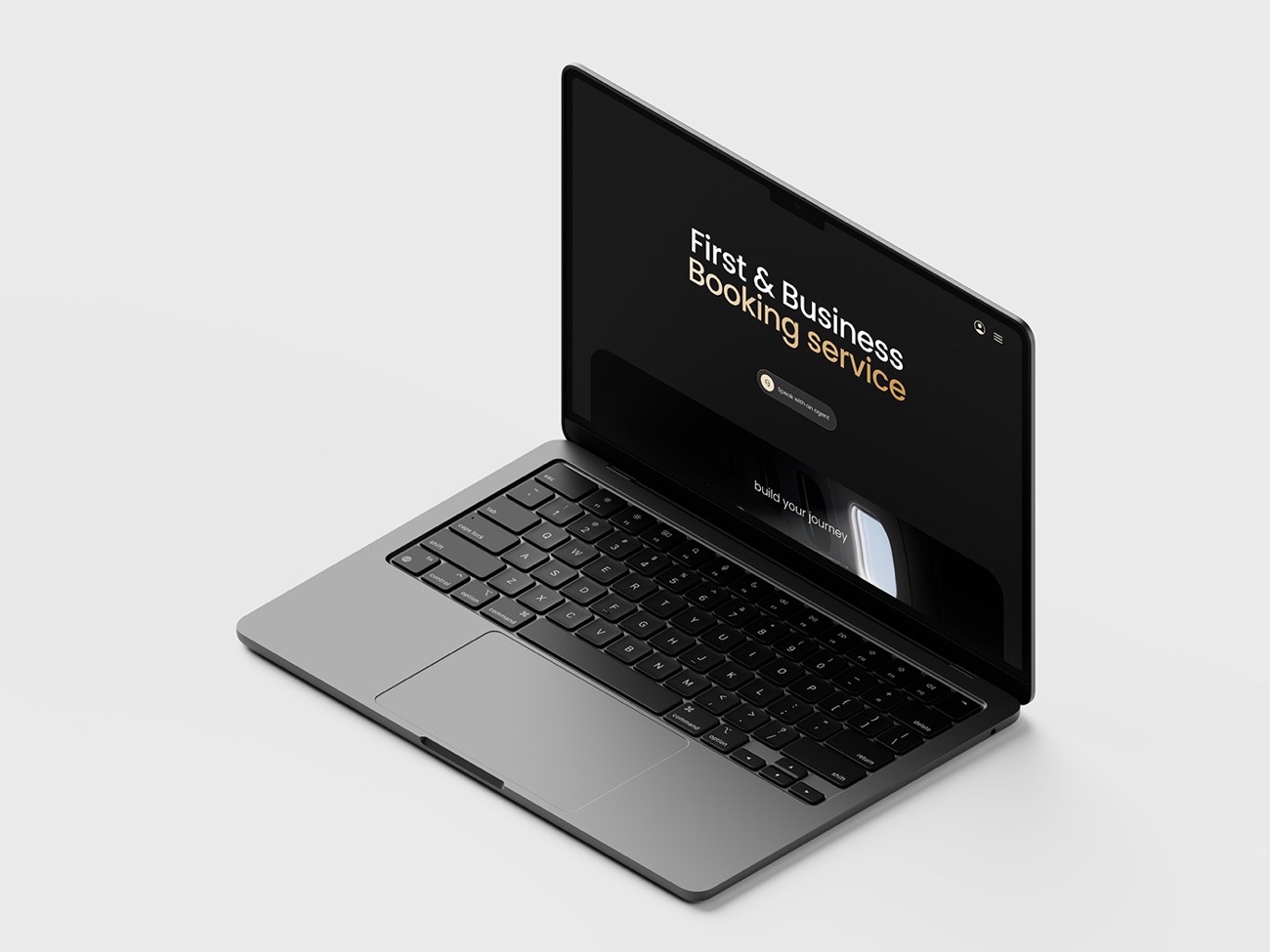 An open laptop, seen from above at an angle, showing a dark homepage for a first and business class booking service with a 'Speak with an agent' button.